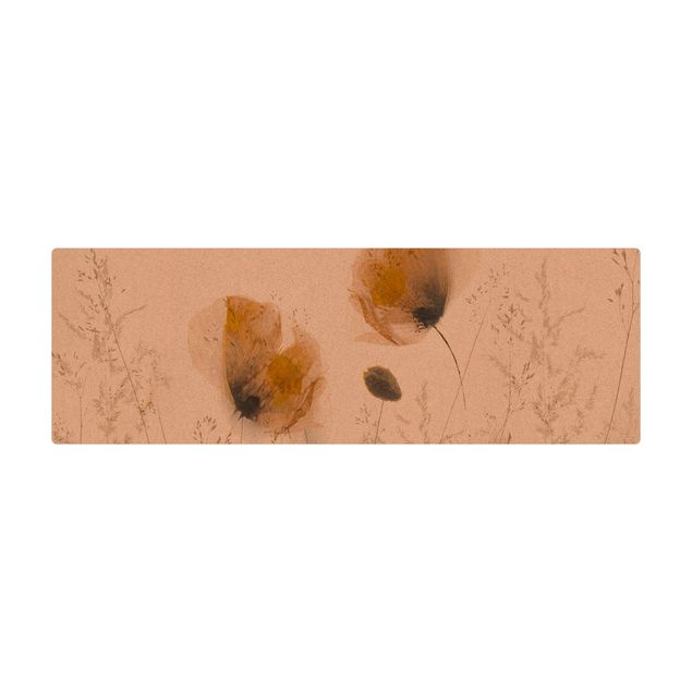 Tappetino di sughero - Papaveri e erbe delicate nella morbida nebbia - Formato orizzontale 2:1