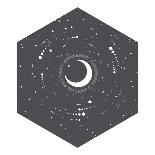 Carta da parati esagonale adesiva con disegni - Luna in cerchio di stelle