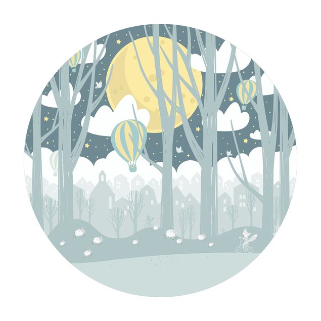 Tappeto in vinile rotondo - Luna con alberi e case
