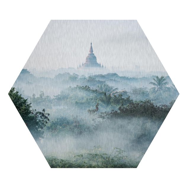 Esagono in Alluminio Dibond - Nebbia mattutina sulla giungla di Bagan