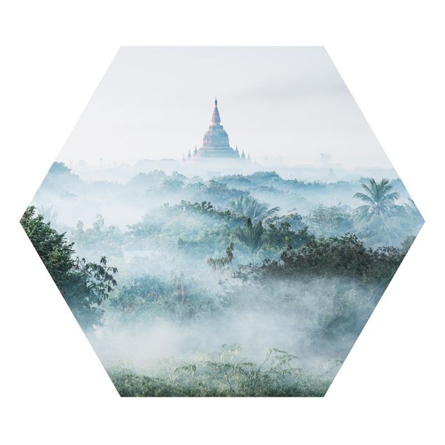 Esagono in Alluminio Dibond - Nebbia mattutina sulla giungla di Bagan