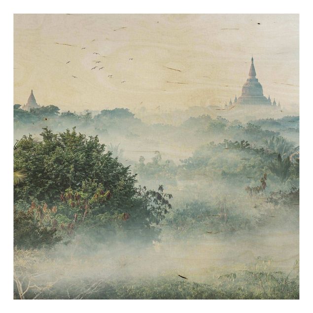 Stampa su legno - Nebbia mattutina sulla giungla di Bagan