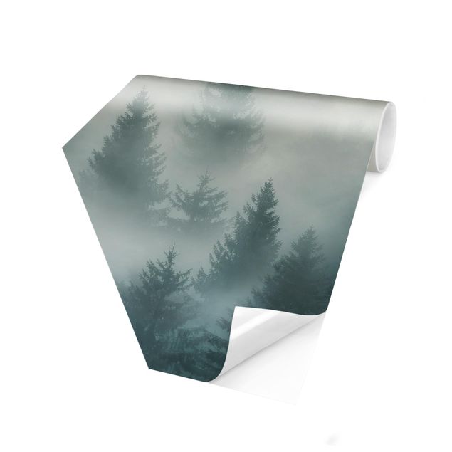 Carta da parati esagonale adesiva con disegni - Bosco di conifere nella nebbia