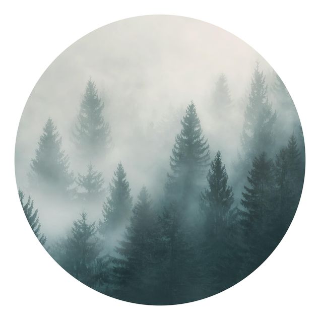 Carta da parati rotonda autoadesiva - foresta di conifere nella nebbia
