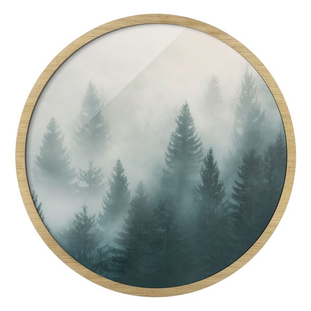 Quadro rotondo incorniciato - Bosco di conifere nella nebbia