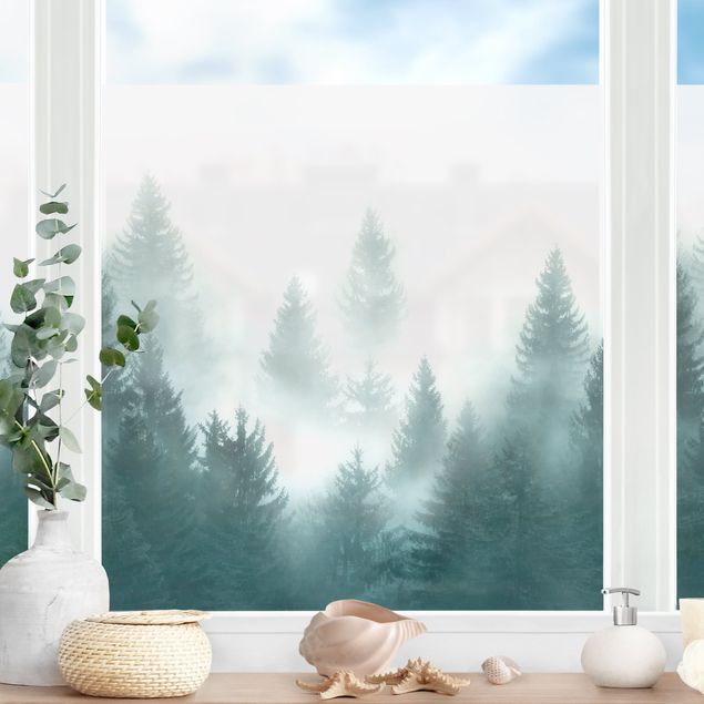 Pellicola per vetri colorata Bosco di conifere nella nebbia