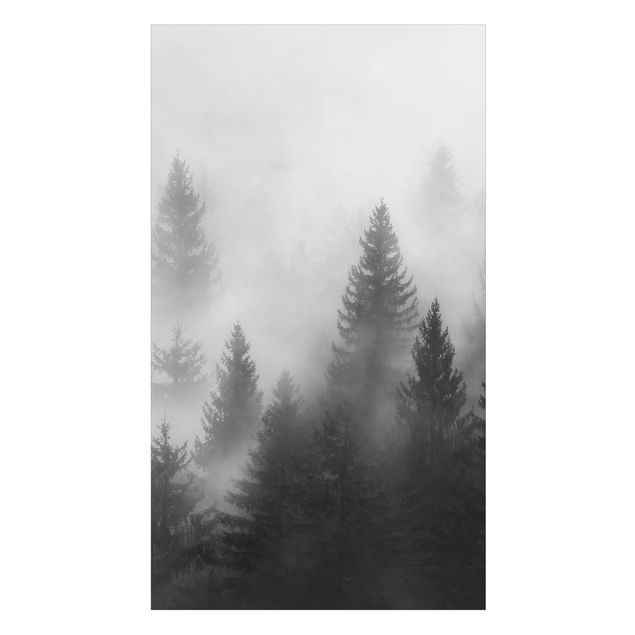 Rivestimento per doccia - Bosco di conifere nella nebbia in bianco e nero
