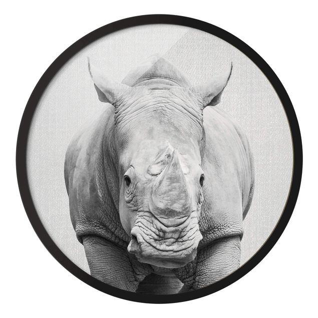 Quadro rotondo incorniciato - Rinoceronte Nora in bianco e nero