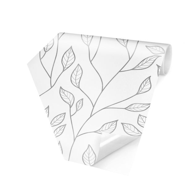 Carta da parati esagonale adesiva con disegni - Trama naturale di rametti con foglie in grigio