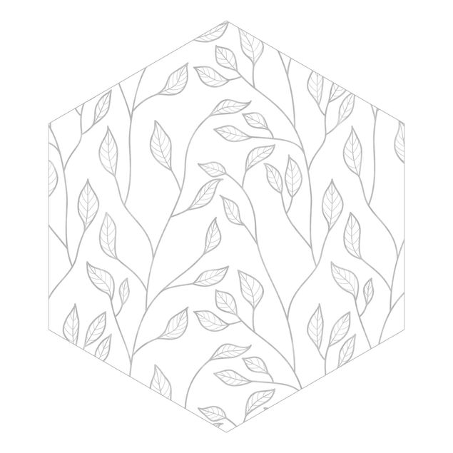 Carta da parati esagonale adesiva con disegni - Trama naturale di rametti con foglie in grigio