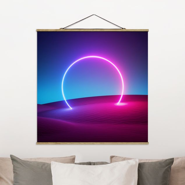 Foto su tessuto da parete con bastone - Cerchio di luci al neon sulla sabbia - Quadrato 1:1