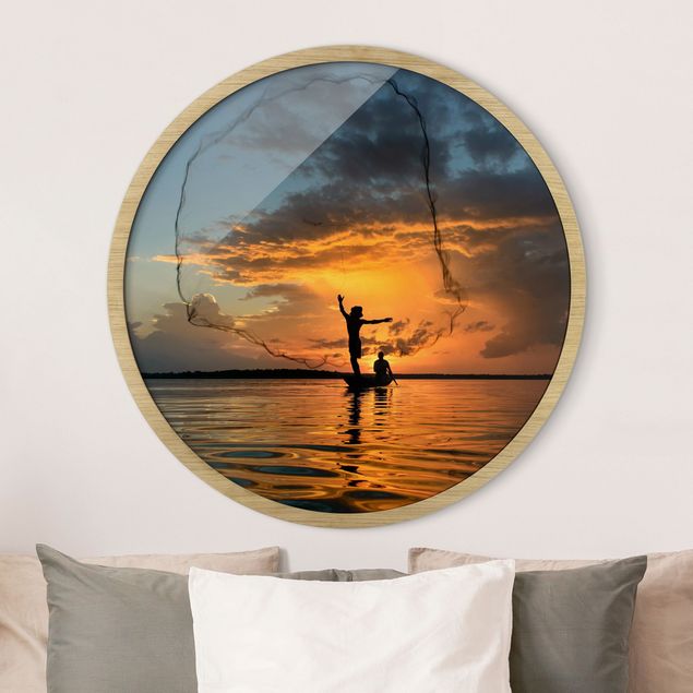 Poster con cornice rotonda Rete da pesca al tramonto