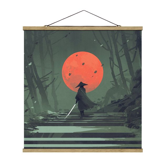 Foto su tessuto da parete con bastone - Ninja al chiaro di luna rosso - Quadrato 1:1
