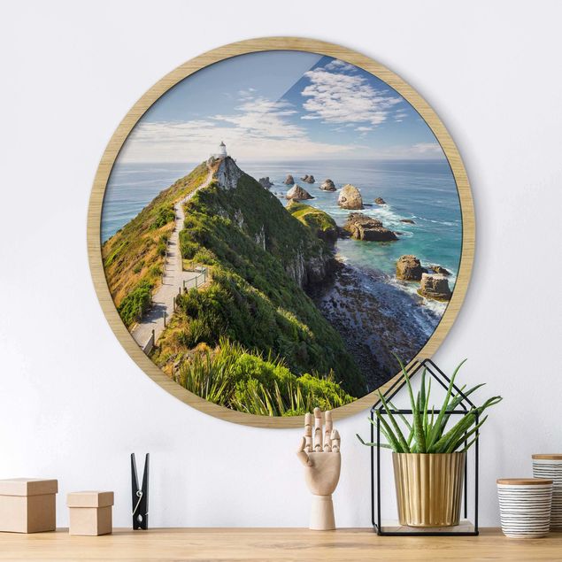 Poster con cornice rotonda Faro di Nugget Point e mare Nuova Zelanda
