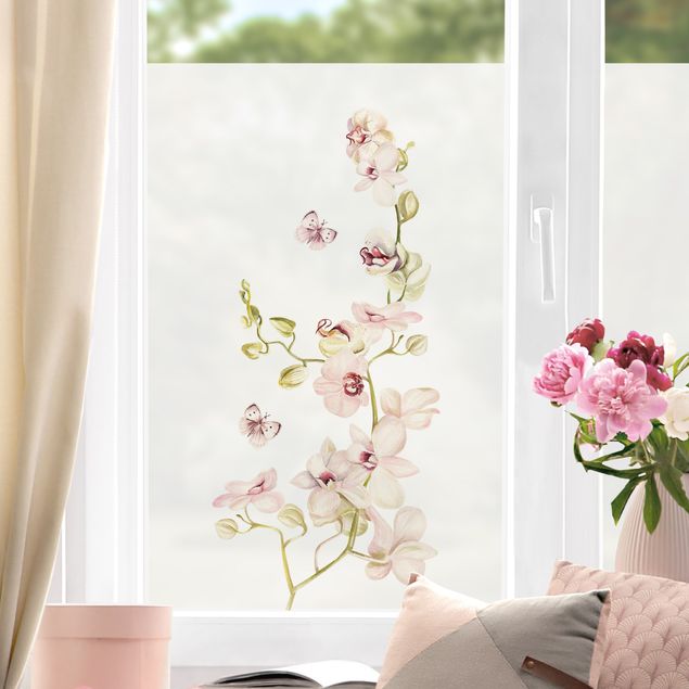 Pellicola per vetri con erbe Ramo di orchidea e farfalla rosa chiaro