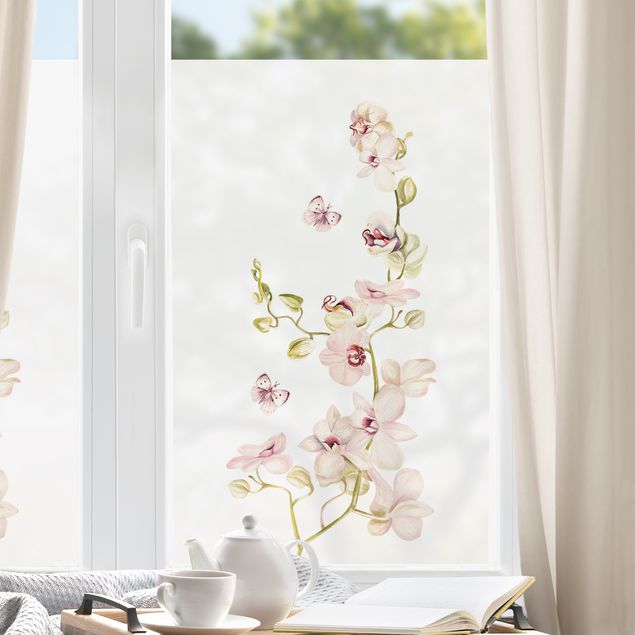 Pellicola per vetri per salone Ramo di orchidea e farfalla rosa chiaro