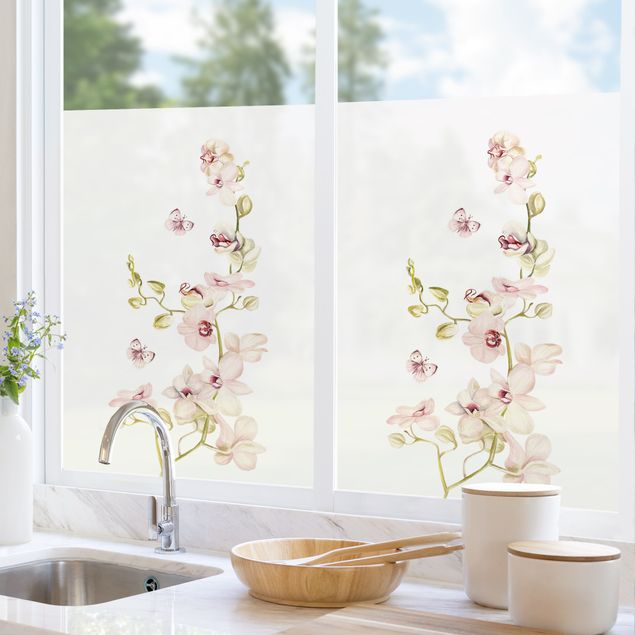 pellicola colorata per vetri Ramo di orchidea e farfalla rosa chiaro