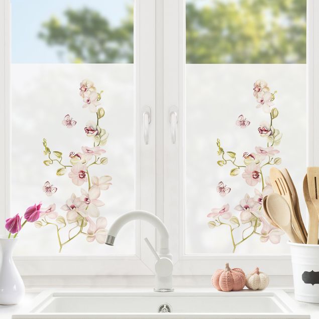 Pellicola per vetri Ramo di orchidea e farfalla rosa chiaro