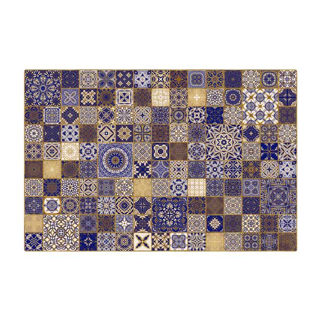 Tappetino di sughero - Piastrelle orientali blu con luccichio dorato - Formato orizzontale 3:2