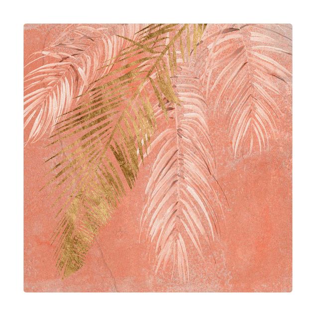 Tappetino di sughero - Foglie di palma rosa e oro I - Quadrato 1:1