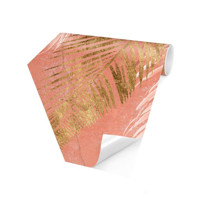 Carta da parati esagonale adesiva con disegni - Foglie di palma rosa e oro I