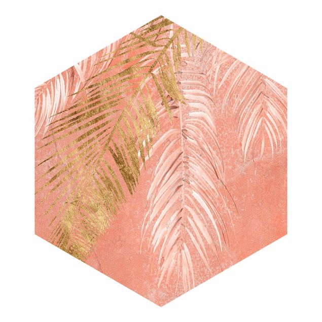 Carta da parati esagonale adesiva con disegni - Foglie di palma rosa e oro I
