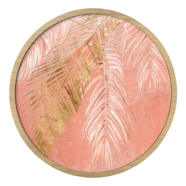 Quadro rotondo incorniciato - Foglie di palma rosa e oro I