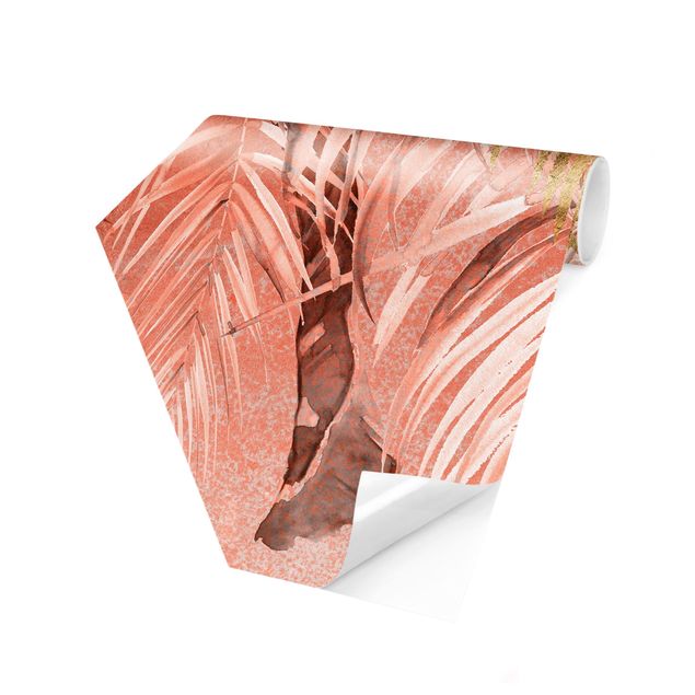 Carta da parati esagonale adesiva con disegni - Foglie di palma rosa e oro II