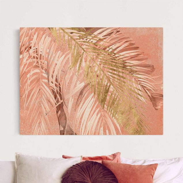 Stampe su tela oro Fronde di palma in rosa e oro II