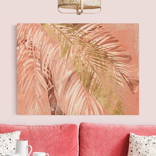 Quadri su tela fiori Fronde di palma in rosa e oro II