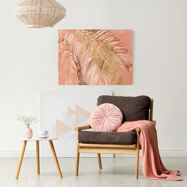 Riproduzione quadri su tela Fronde di palma in rosa e oro II