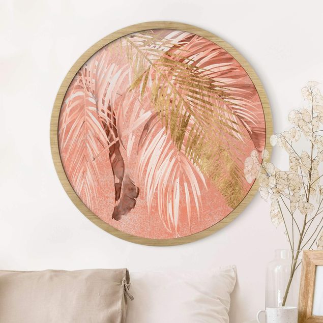 Poster con cornice rotonda Fronde di palma in rosa e oro II