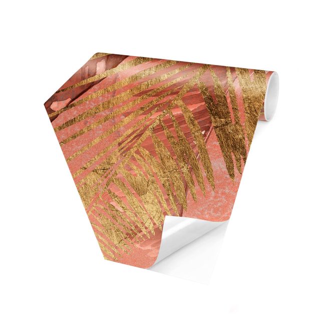 Carta da parati esagonale adesiva con disegni - Foglie di palma rosa e oro III
