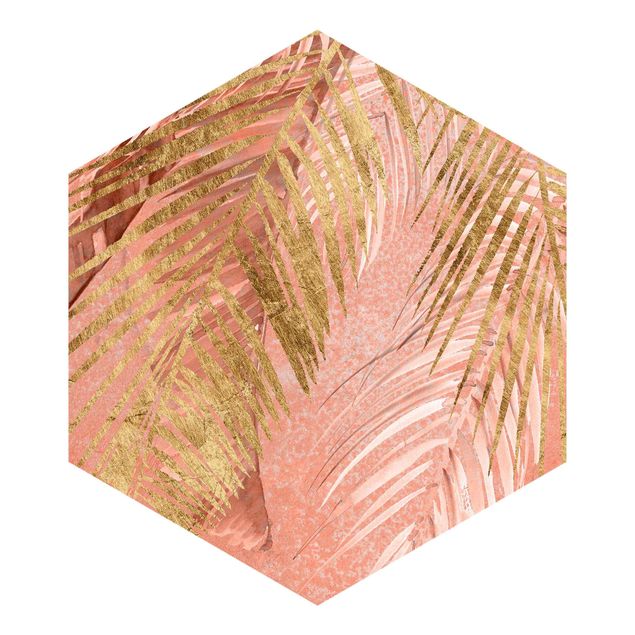 Carta da parati esagonale adesiva con disegni - Foglie di palma rosa e oro III
