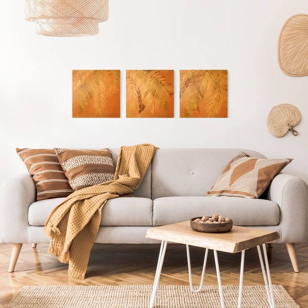 Quadri moderni per soggiorno Trio di foglie di palma rosa e oro