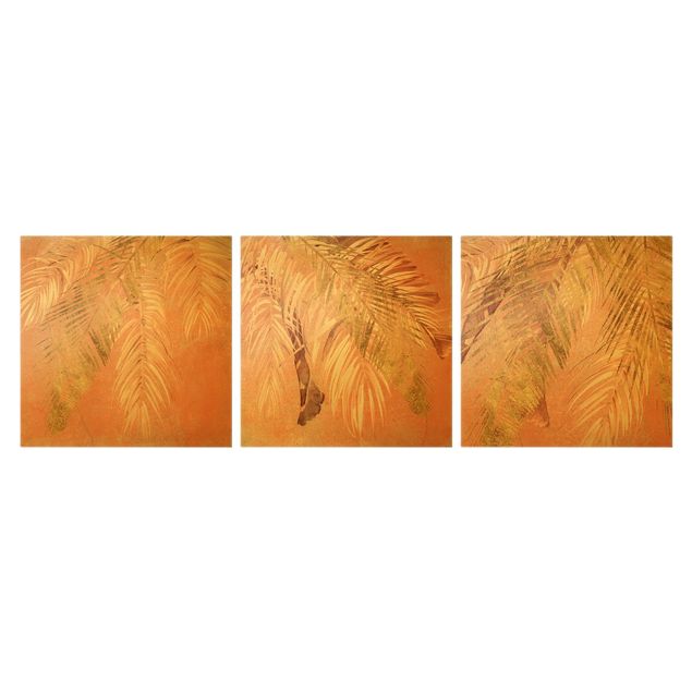 Stampa su tela 3 parti - Trio di foglie di palma rosa e oro