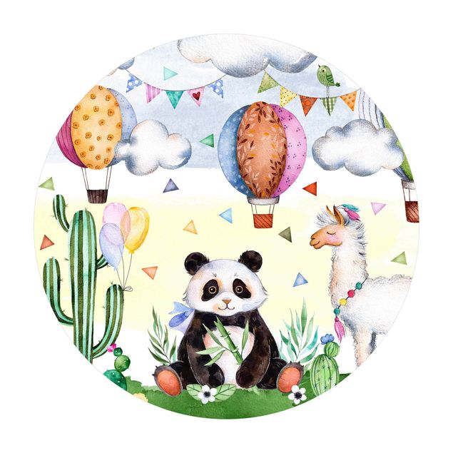 Tappeto in vinile rotondo - Panda e lama in acquerello