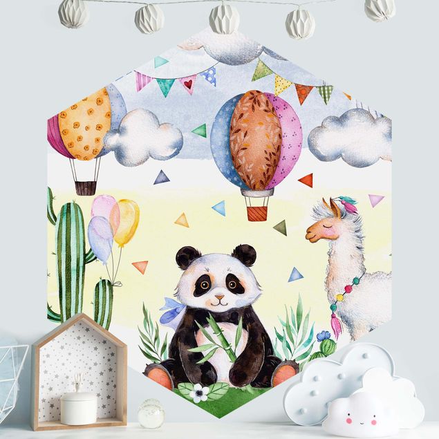 Carta da parati per bambini animali Panda e lama acquerello