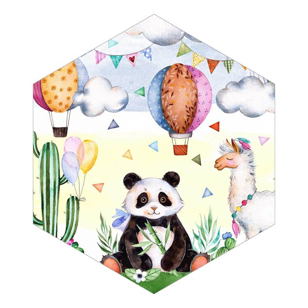 Carta da parati esagonale adesiva con disegni - Panda e lama in acquerello