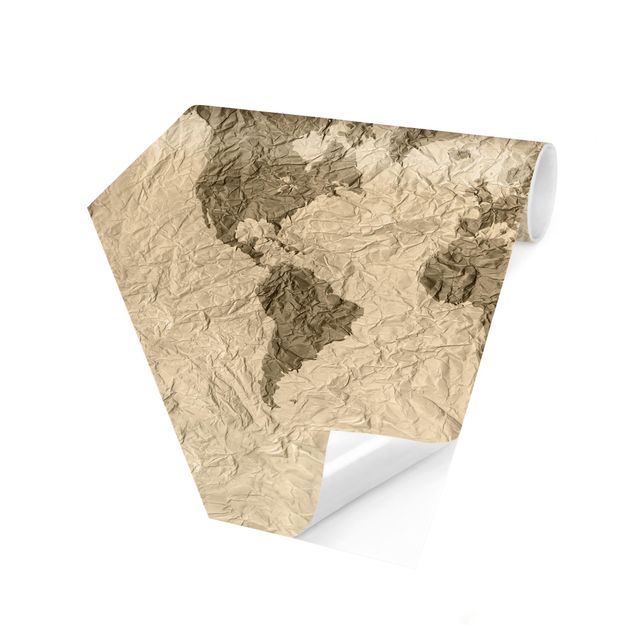 Carta da parati esagonale adesiva con disegni - Planisfero di carta beige e marrone