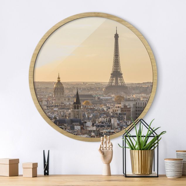 Poster con cornice rotonda Parigi all'alba