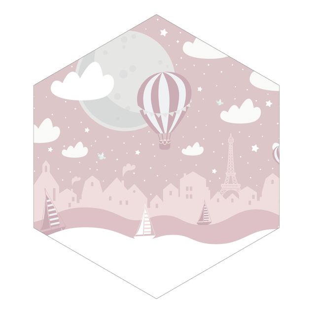 Carta da parati - Parigi con stelle e mongolfiere in rosa