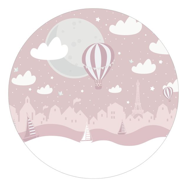 Carte da parati rotonde - Parigi con stelle e mongolfiere in rosa