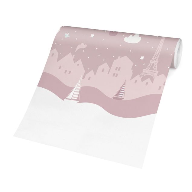 Carta da parati  - Parigi con stelle e mongolfiere in rosa