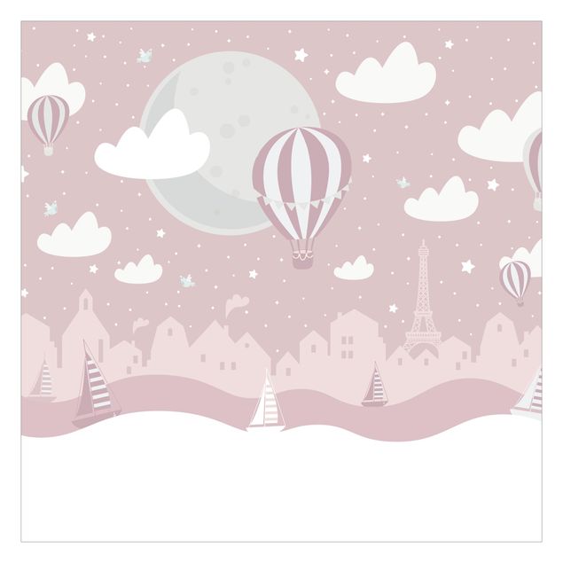 Carta da parati  - Parigi con stelle e mongolfiere in rosa