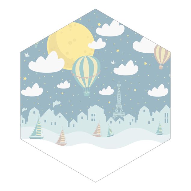 Carta da parati esagonale adesiva con disegni - Parigi con stelle e mongolfiere