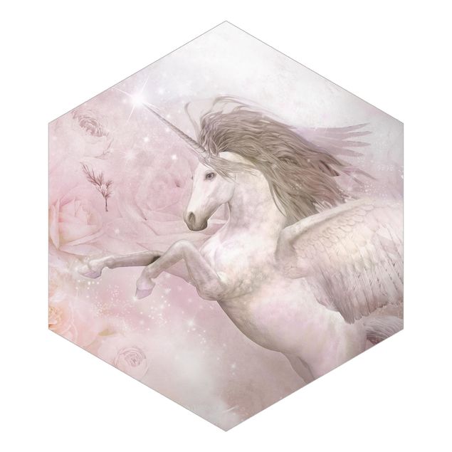 Fotomurale esagonale autoadesivo - Unicorno Pegaso con rose