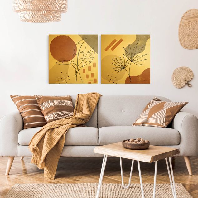 Quadri moderni per soggiorno Foliage Line Art and Terracotta Colours