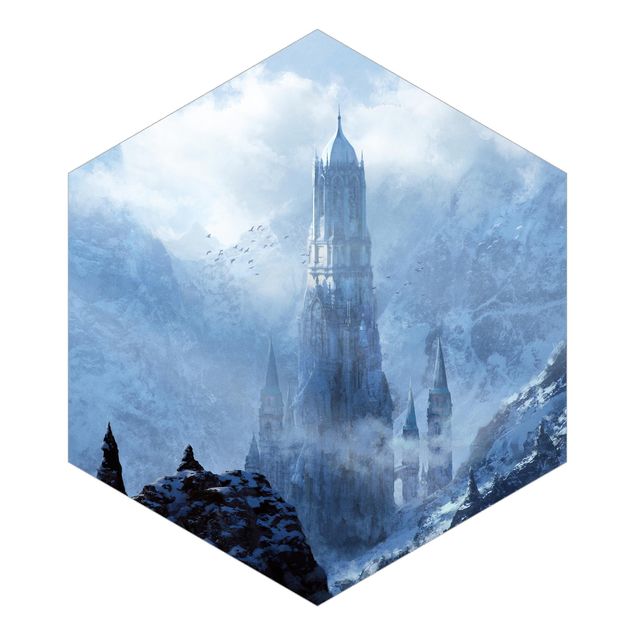 Fotomurale esagonale autoadesivo - Fantastico castello nella neve