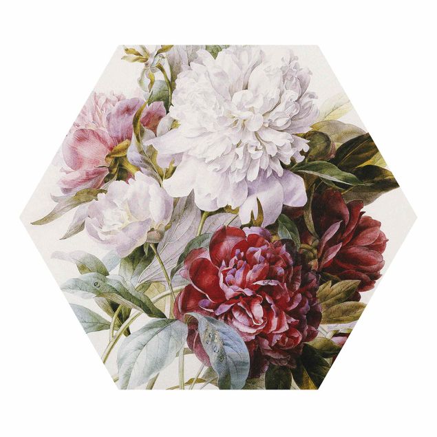 Esagono in forex - Pierre Joseph Redouté - Bouquet di peonie rosse, viola e bianche